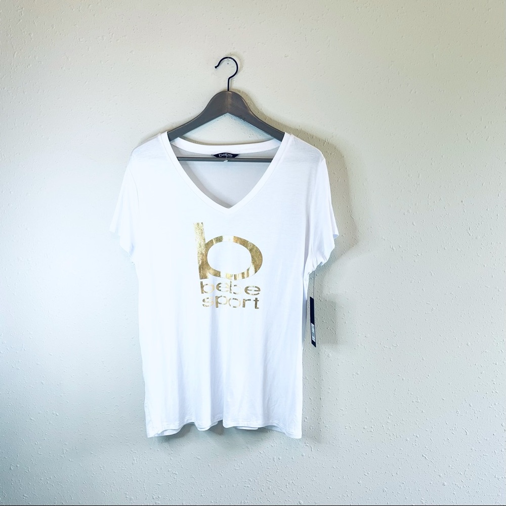 BEBE Sport V-Neck Logo White T-Shirt Size XL NWT